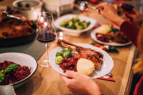 cena tradizionale tedesca all'oca con gnocchi e cavolo rosso - goose roasted goose meat spit roasted foto e immagini stock