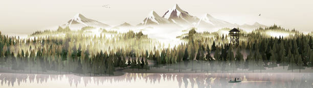 сосновый лес и озеро с панорамой оленя - layered mountain tree pine stock illustrations