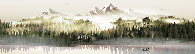 Pine forest and lake with stag panorama