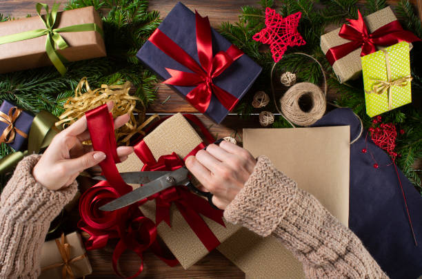 istock High angle view of Christmas presents 1189975050