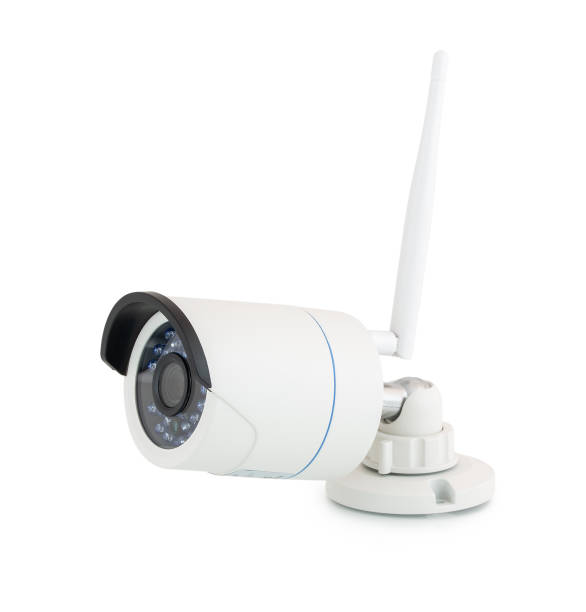 istock Security wireless bullet IP camera with IR led lights for night vision. White CCTV surveillance system HD camera with clipping path. Digital wifi video camera. 1189975261