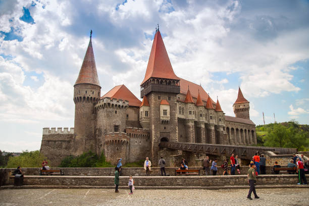 Hunedoara, Romania - May 03, 2019: Corvin Castle or Hunyadi Castle (Romanian: Castelul Corvinilor or Castelul Huniazilor), an imposing Gothic-Renaissance fortification, one of the largest in Europe.