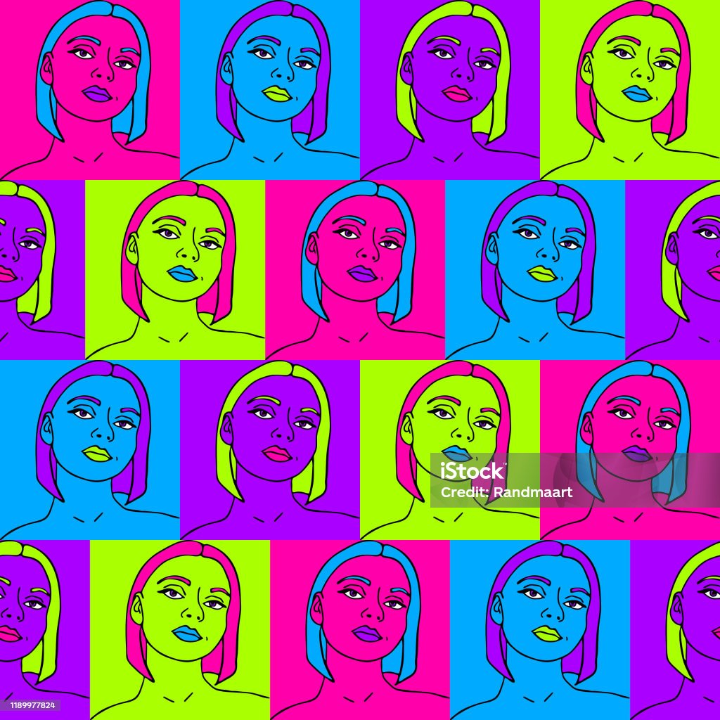 Ilustración de Patrón Vectorial Sin Costuras Con La Cara De Las Mujeres En Los Colores De Neón Ser Diferente Actitud Repetir Fondo De Pantalla Cuadrados Coloridos Con Chicas Diseño Para Moda Para Ilustración de Patrón Vectorial Sin Costuras Con La Cara De Las Mujeres En Los Colores De Neón Ser Diferente Actitud Repetir Fondo De Pantalla Cuadrados Coloridos Con Chicas Diseño Para Moda Para