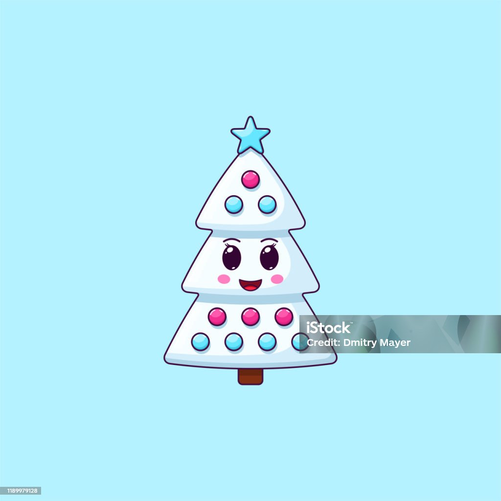 Vetores de Árvore De Natal Kawaii Dos Desenhos Animados Com Cara