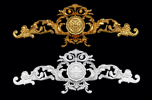 3d illustration of Ornament elements, vintage gold floral designs isolated on black background 3d rendering.