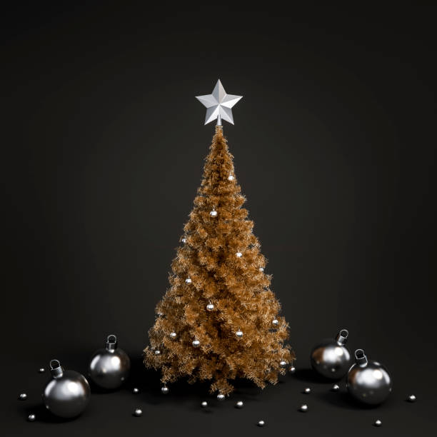 istock Gold christmas tree and metallic decoration object group on black background 3d rendering. 1189979300