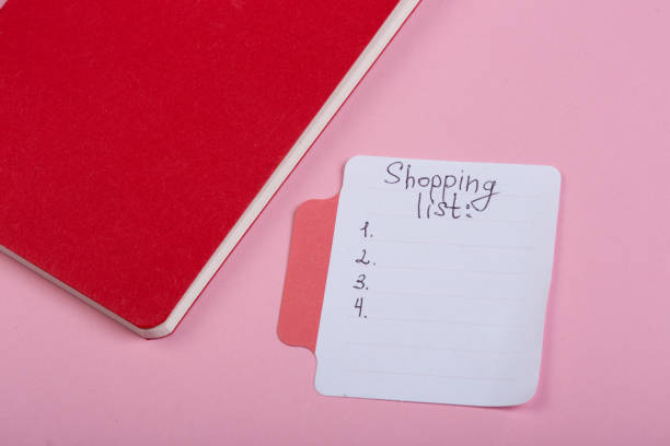 istock Sticker with handwritten text shopping list, notepad on pink background 1189980008