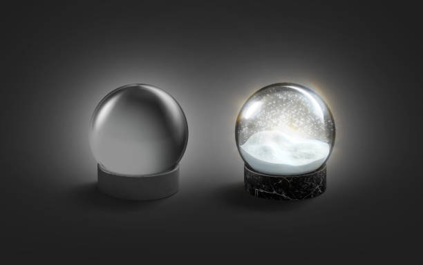 Blank black glass and glowing snow globe mockup in darkness, Blank black glass and glowing snow globe mockup in darkness, 3d rendering. Empty fairy aglow sphere mock up set. Clear sparkling decoration globe for xmas gift mokcup template. Aflame stock pictures, royalty-free photos & images