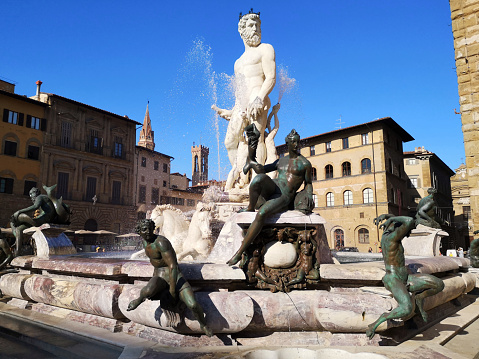 The Fountain of Neptune, situated on the Piazza della Signoria, in front of the Palazzo Vecchio. It is the work of the sculptor Bartolomeo Ammannati. Florence, Tuscany.