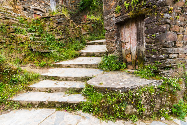 istock Pathway with stone steps between rustic stone buildings overgrown with wildflowers and greenery 1189983129