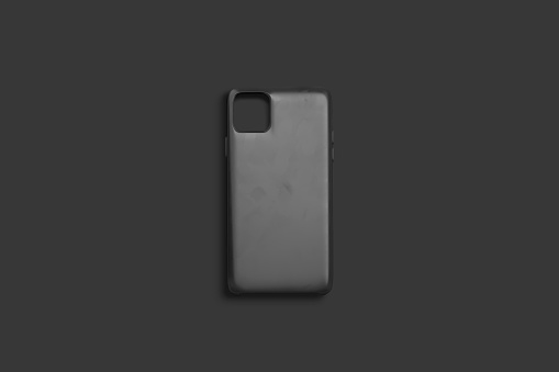 Blank black phone case mock up, top view, dark background, 3d rendering. Empty gray protected hood mockup. Clear smartphone matte jacket for logo mokcup template.