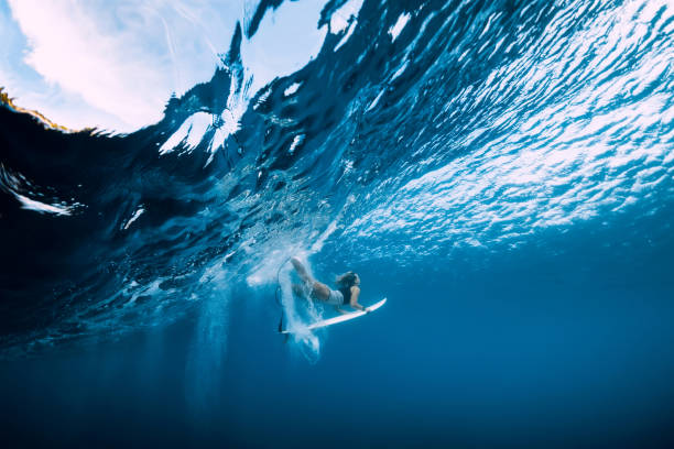 istock Surfer make duck dive underwater. Surfgirl dive under big wave 1189983674