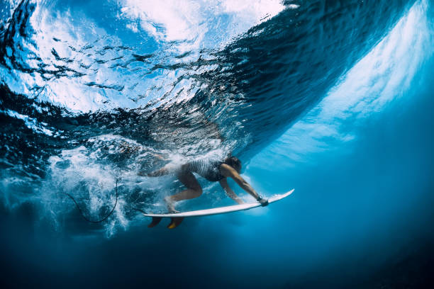istock Surfer make duck dive underwater. Surfgirl dive under big wave 1189983681