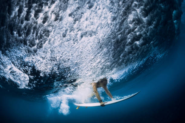 istock Surfer make duck dive underwater. Surfgirl dive under big wave 1189983684