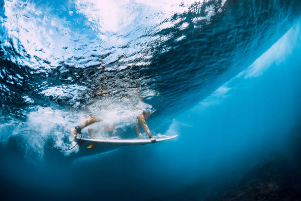 istock Surfer make duck dive underwater. Surfgirl dive under big wave 1189983698