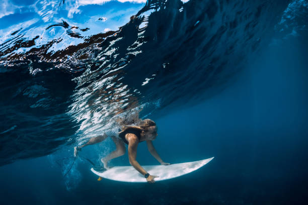 istock Surfer make duck dive underwater. Surfgirl dive under big wave 1189983700