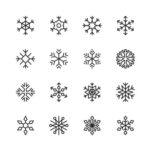 Vector illustration of Snowflake Line Icons. Editable Stroke. Pixel Perfect. For Mobile and Web. Contains such icons as Snow, Snowflake, Christmas Ornament, Decoration.