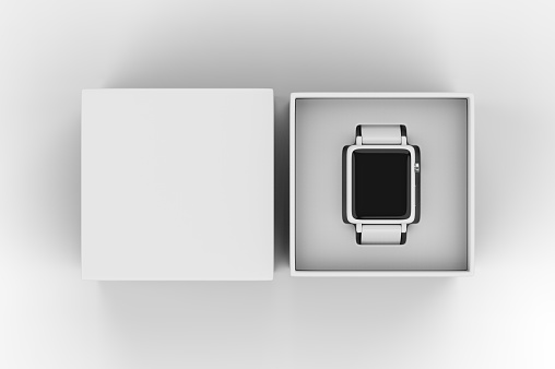 Smart watch with hard box packaging for branding and mock up. 3d illustration.