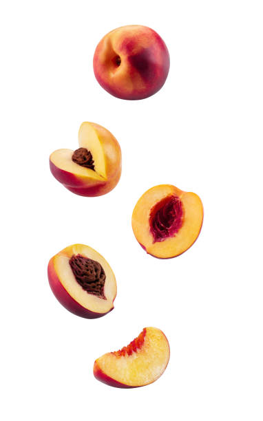 istock Set of smooth-skinned nectarines with kernels and without them isolated on white background with copy space for text or images. Side view. Close-up 1189984559