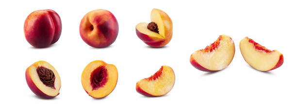 istock Set of smooth-skinned nectarines with kernels and without them isolated on white background with copy space for text or images. Side view. Close-up 1189987059