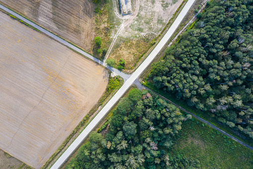 Aerial view of the road between the forest and arable fields in southwest Poland.