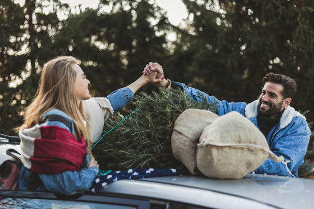 istock Young couple is packing Christmas tree on the car 1189988396