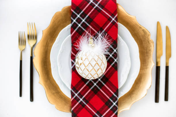 istock Christmas table setting with Christmas ball. View from the top 1189989809