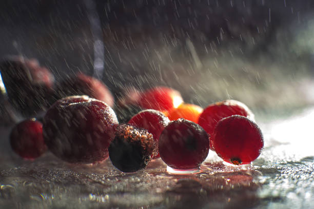 closeup frozen berries on the glass with reflection . frozen berries  on a dark background macro. cranberries blueberries and cherries