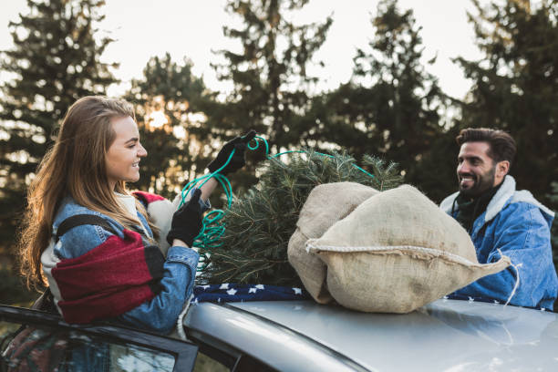 istock Young couple is packing Christmas tree on the car 1189993226