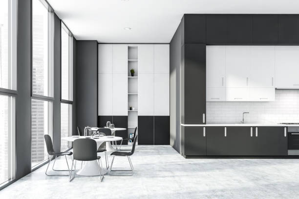 istock Gray and white kitchen with countertops and table 1189994986