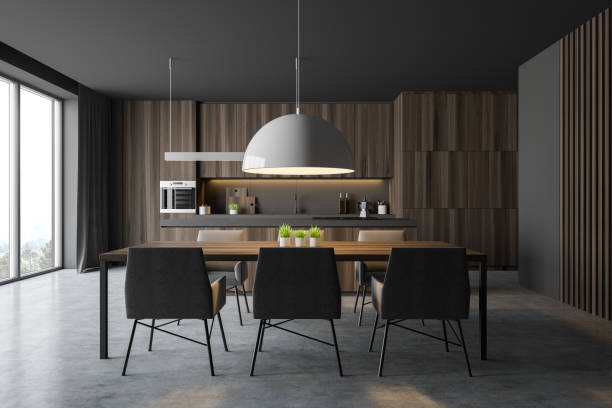 istock Dark wooden kitchen interior with table 1189995829