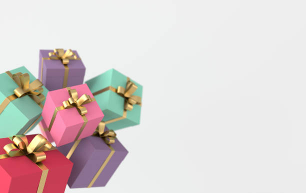 istock 3d rendering of realistic colorful gift box with golden ribbon bow on white background. Empty space for party, promotion social media banners, posters. 1189996218