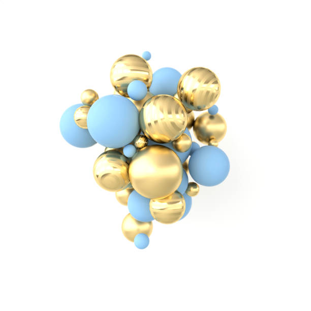 istock Colorful balls 3d rendering. Chaotic spheres geometric abstract background, primitive shapes, minimalistic design, blue and gold colors 1189996230