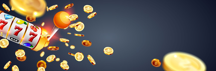 Golden slot machine wins the jackpot 777 on the background of an explosion of coins. Vector illustration