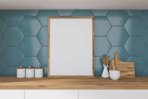 istock Mock up poster on table in blue kitchen 1189996661