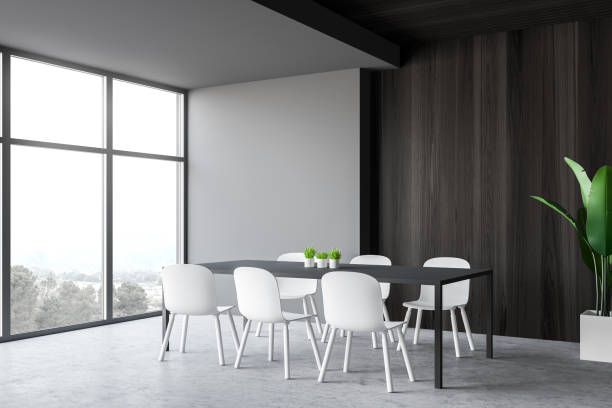 istock Gray and wooden dining room interior 1189997357