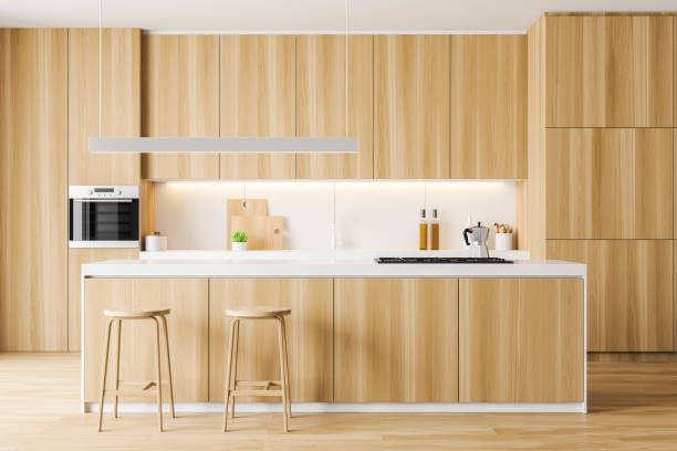 istock White and wooden kitchen interior with bar 1189997716