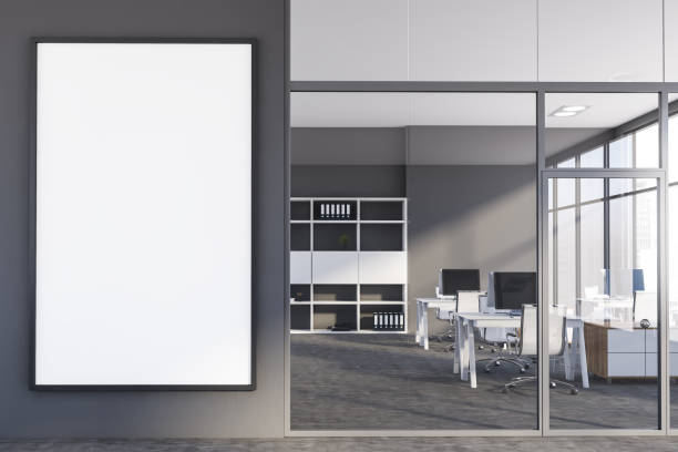 istock Hall of spacious gray open space office, poster 1189998925