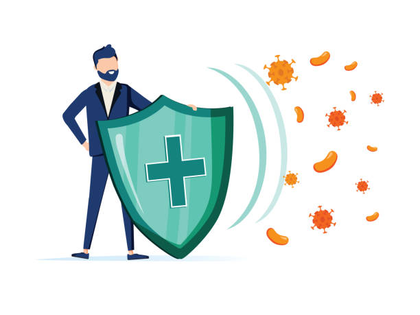 Immune system vector icon logo. Health bacteria virus protection. Medical prevention human germ. Man reflect bacteria Immune system vector icon logo. Health bacteria virus protection. Medical prevention human germ. Healthy man reflect bacteria attack with shield. Boost Immunity with medicine concept illustration military illustrations stock illustrations