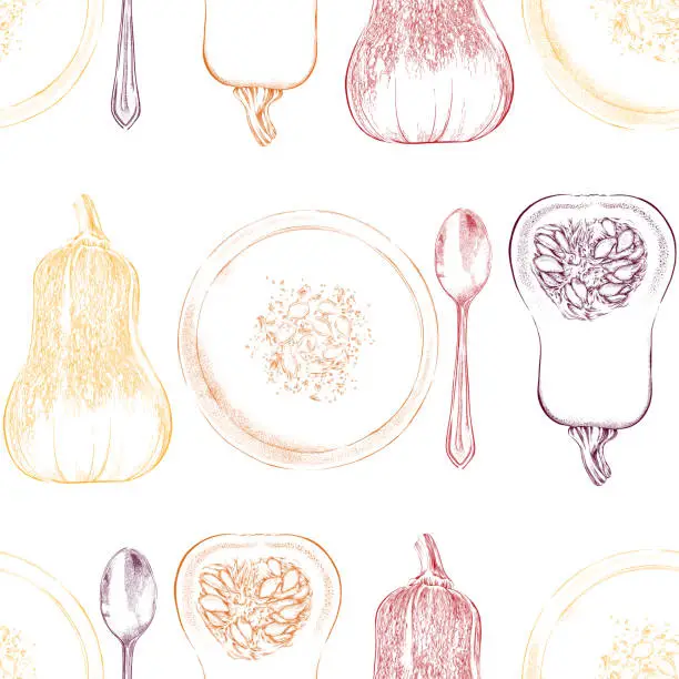 Vector illustration of Honeynut Butternut Squash and Soup Seamless Pattern Background. Vector Ink and Watercolor Drawing.