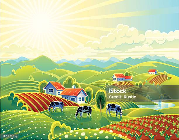 Сельских Летний Пейзаж — стоковая векторная графика и другие изображения на тему Корова - Корова, Ландшафт, Без людей