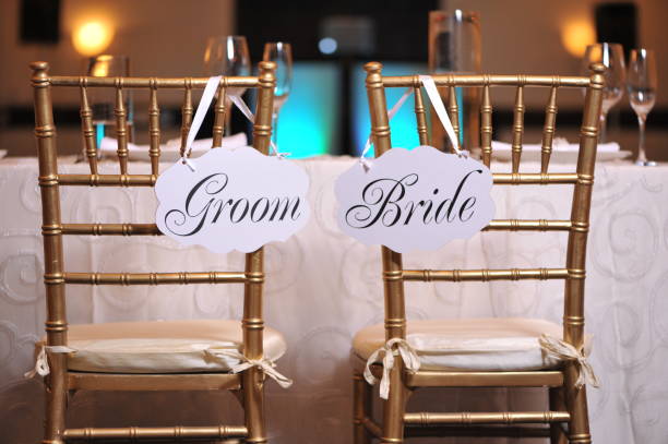 istock Bride and groom signs on the chairs 1190001753