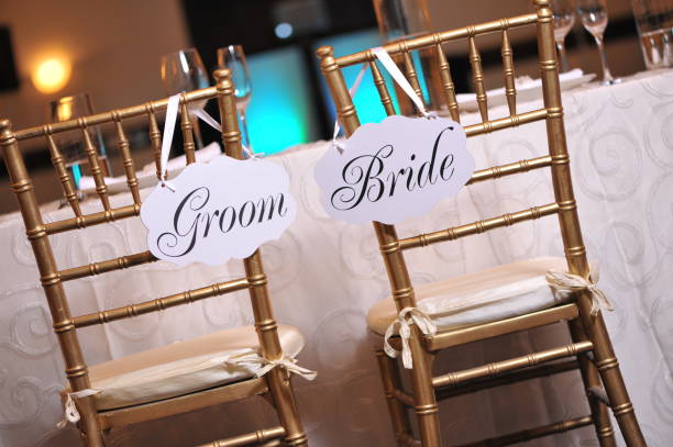 istock Bride and groom signs on the chairs 1190001770