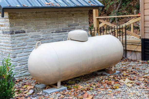 tanque de propano del patio trasero - tanque de la gasolina fotografías e imágenes de stock