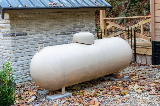 Horizontal shot of a backyard propane tank.