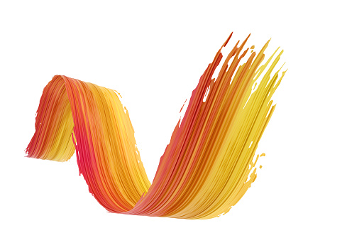 Colorful yellow, orange and red 3D brush paint stroke wave isolated on white background. 3D rendering. Colorful joyful design. Color oil paint curved smear.