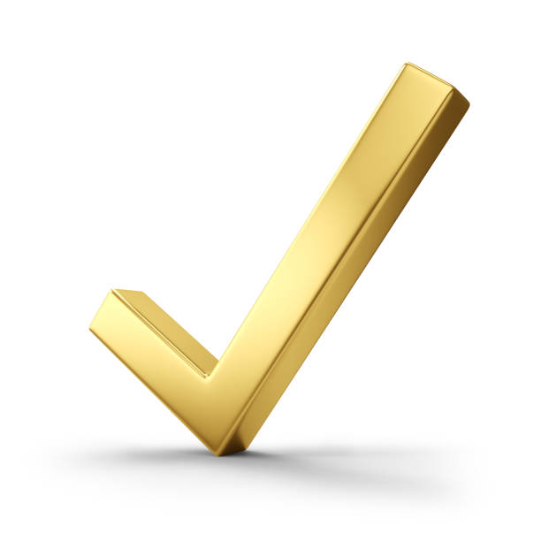 Golden tick isolated on white background. Gold check mark. 3D rendering.