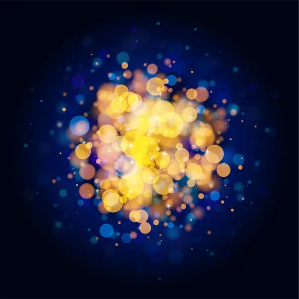 Vector illustration of Abstract glittering bokeh circles isolated on dark background. Holiday design element.
