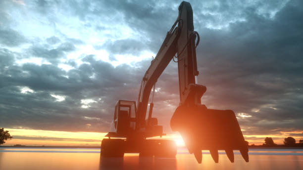 istock Heavy excavator over orange sunset background. 3d rendering 1190005411