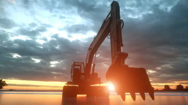 Photo of Heavy excavator over orange sunset background. 3d rendering